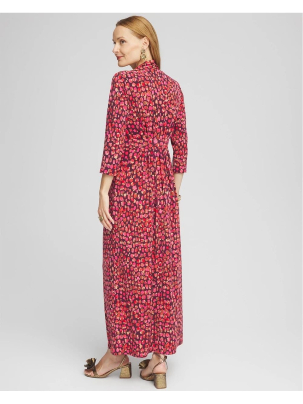 Chico's Knit Pleated Maxi Dress A-line Jersey Knit Red Maroon Print - Picture 2 of 4